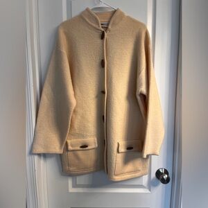 90s cream wool knit oversized chore coat wood buttons cardigan barn coat Med